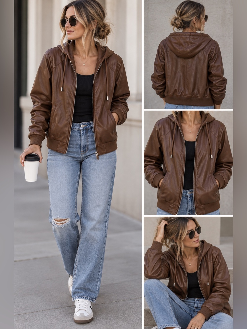 Warehouse One Faux Leather Brown Hooded Bomber Jacket Moto XL/XXL Plus Size‎
